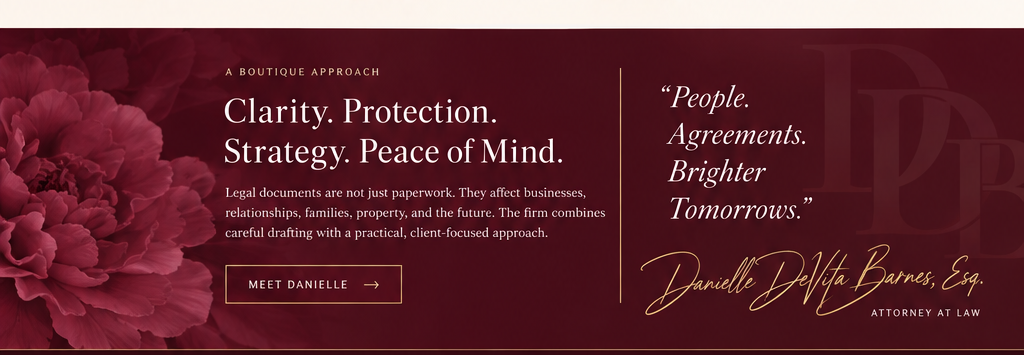 Boutique approach section with floral burgundy design, quote, and Danielle DeVita Barnes signature.